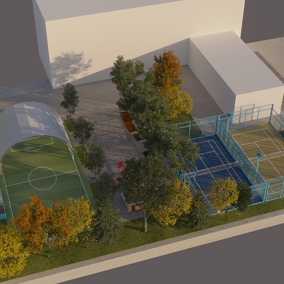 Spazi esterni sportivi della Residenza Universitaria Preziosina a Milano – volley, calcetto, basket, tennis